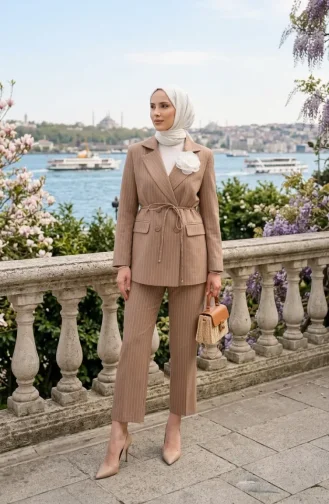 Ensemble Deux Pièces Veste Et Pantalon Rayés à Boutons 50021-03 Vison 50021-03