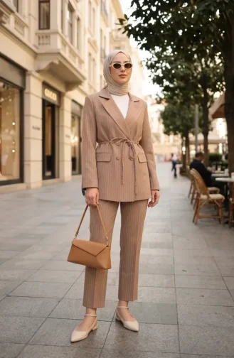 Ensemble Deux Pièces Veste Et Pantalon Rayés à Boutons 50021-03 Vison 50021-03