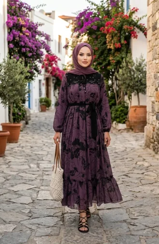 Robe En Mousseline Avec Détails En Dentelle 50013-01 Violet 50013-01