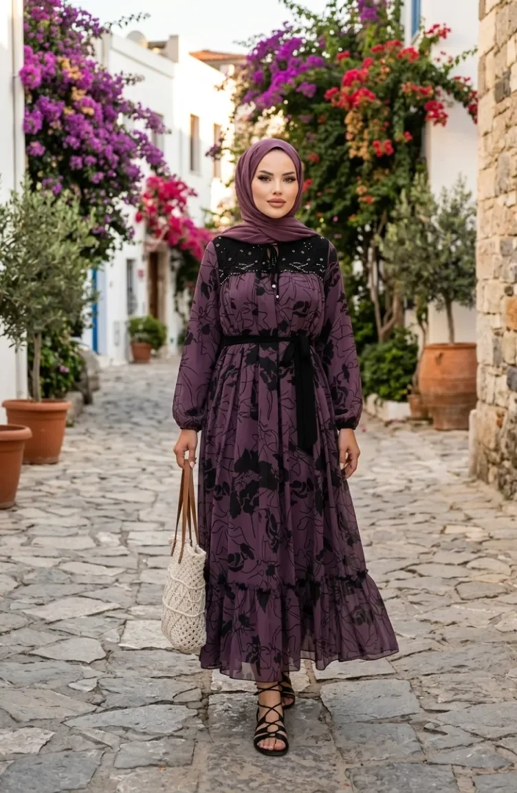 Robe En Mousseline Avec Détails En Dentelle 50013-01 Violet 50013-01