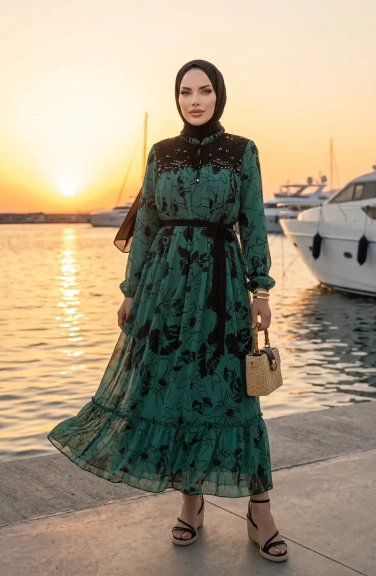 Chiffonkleid Mit Spitzendetails 50013-02 Grün 50013-02