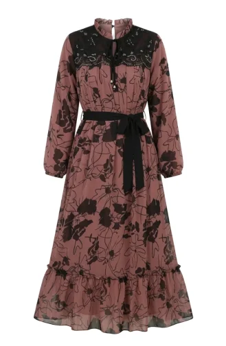 Lace Detail Chiffon Dress 50013-04 Onion Peel 50013-04