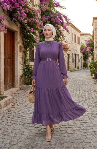 Boncuk Detaylı Şifon Elbise 50014-01 Mor