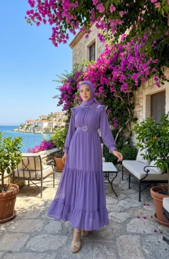 Boncuk Detaylı Şifon Elbise 50014-03 Lila