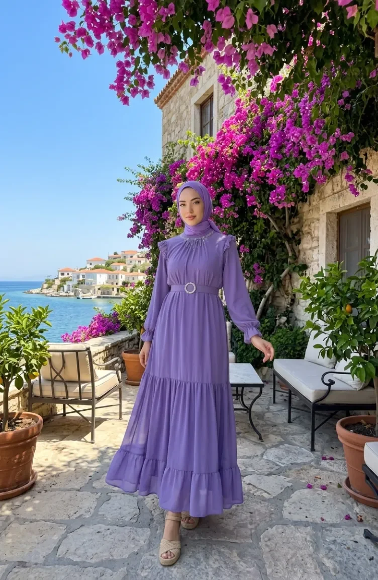 Boncuk Detaylı Şifon Elbise 50014-03 Lila