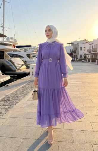Boncuk Detaylı Şifon Elbise 50014-03 Lila