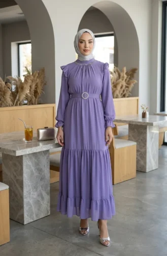 Boncuk Detaylı Şifon Elbise 50014-03 Lila