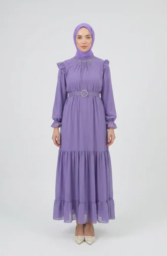 Boncuk Detaylı Şifon Elbise 50014-03 Lila