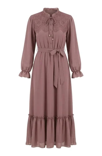 Chiffonjurk Met Guipuredetails En Riem 50019-02 Uienschil 50019-02