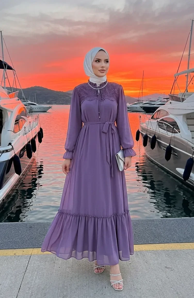 Robe En Mousseline Ceinturée Avec Détails En Guipure 50019-03 Violet 50019-03