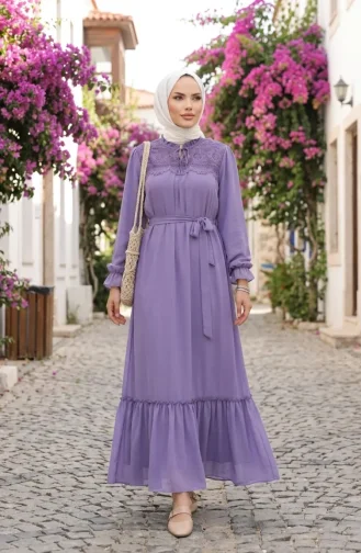Guipure Detail Belted Chiffon Dress 50019-04 Lilac 50019-04