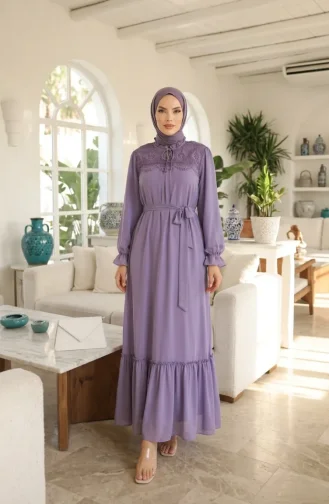 Guipure Detail Belted Chiffon Dress 50019-04 Lilac 50019-04