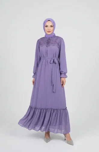 Guipure Detail Belted Chiffon Dress 50019-04 Lilac 50019-04