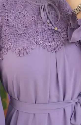 Guipure Detail Belted Chiffon Dress 50019-04 Lilac 50019-04