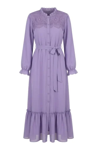 Guipure Detail Belted Chiffon Dress 50019-04 Lilac 50019-04