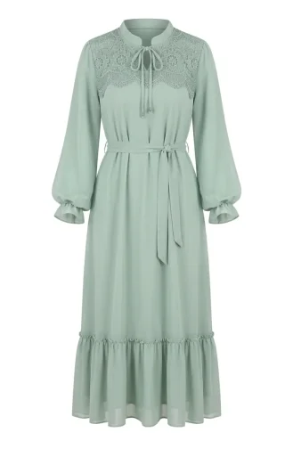 Robe En Mousseline De Soie à Ceinture Et Détails Guipure 50019-05 Vert Clair 50019-05