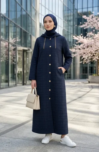 Manteau Matelassé à Capuche Avec Détail Chaîne 12033-01 Bleu Marine 12033-01