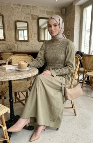 Gipe Detaylı Tesettür Elbise 71272-03 Haki