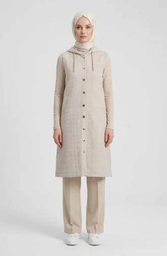 Gesteppte Geknöpfte Weste Mit Kettendetail 12031-03 Beige 12031-03