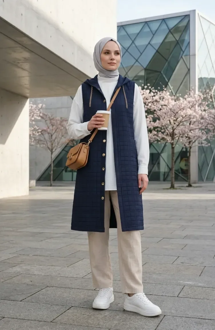 Quilted Buttoned Vest With Chain Detail 12031-04 Navy Blue 12031-04