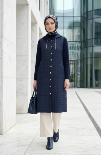 Quilted Buttoned Vest With Chain Detail 12031-04 Navy Blue 12031-04