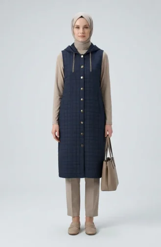 Quilted Buttoned Vest With Chain Detail 12031-04 Navy Blue 12031-04