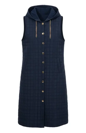 Quilted Buttoned Vest With Chain Detail 12031-04 Navy Blue 12031-04