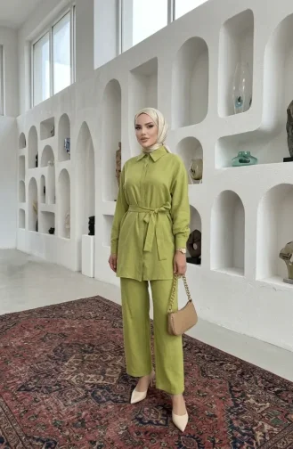 طقم من قطعتين من الكتان مع ياقة قميص وحزام، 71199-01 أخضر 71199-01