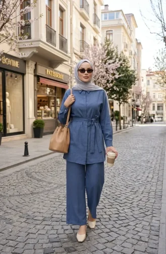 Gömlek Yaka Kuşaklı Keten ikili Takım 71199-02 Lacivert