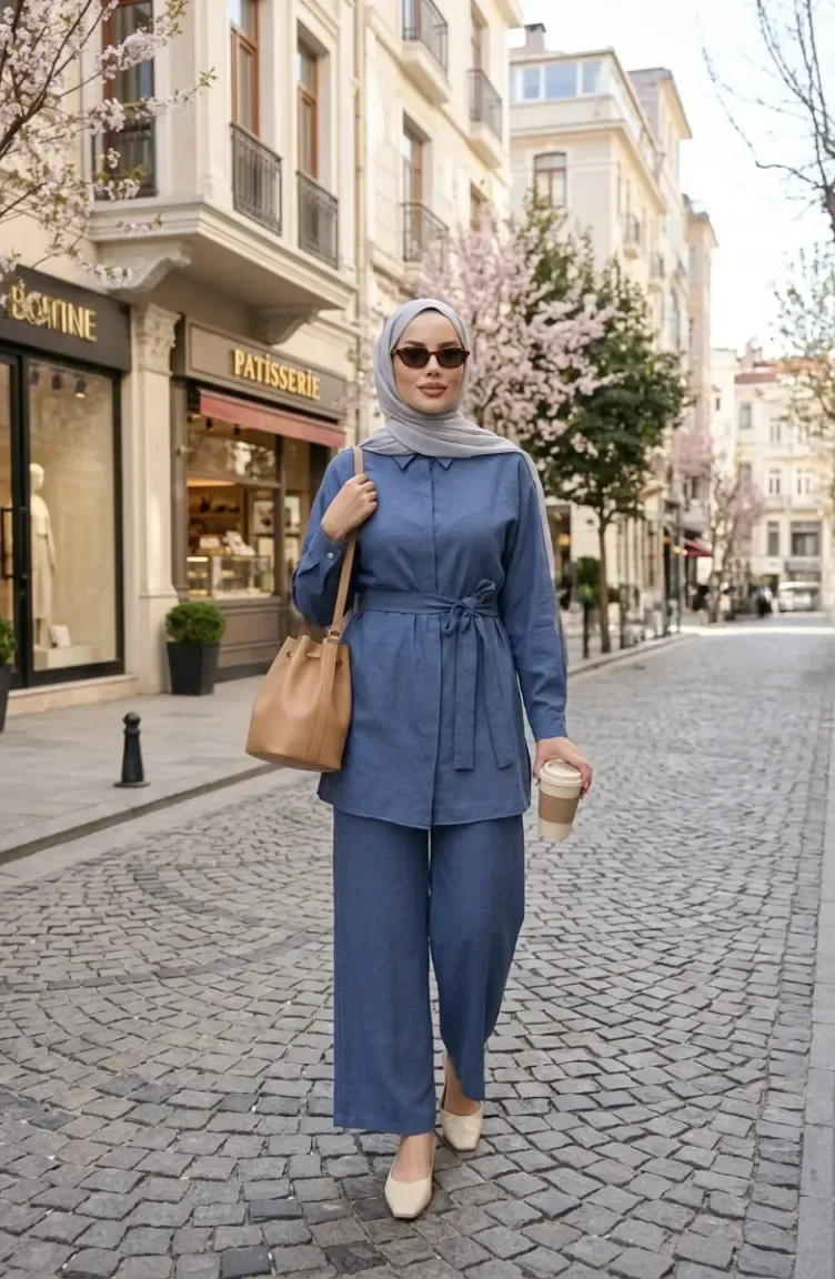 Gömlek Yaka Kuşaklı Keten ikili Takım 71199-02 Lacivert