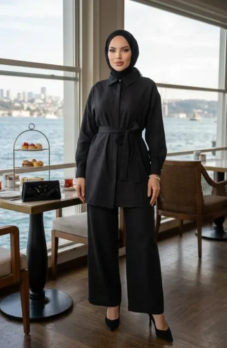 Gömlek Yaka Kuşaklı Keten ikili Takım 71199-03 Siyah