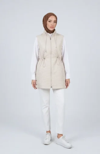 Gesteppte Geraffte Weste Mit Reißverschluss 71210-03 Beige 71210-03