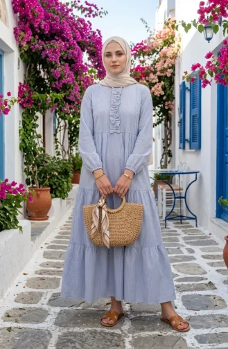 Gestreiftes Popeline-Hijab-Kleid Mit Rüschendetails 2190-01 Marineblau 2190-01