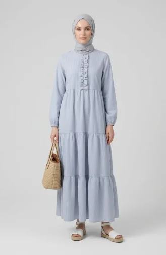 Gestreiftes Popeline-Hijab-Kleid Mit Rüschendetails 2190-01 Marineblau 2190-01