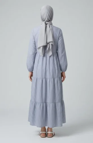 Gestreiftes Popeline-Hijab-Kleid Mit Rüschendetails 2190-01 Marineblau 2190-01