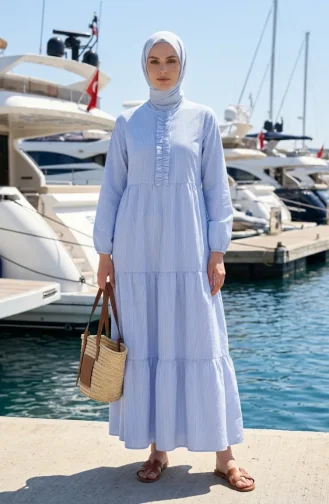 Gestreepte Poplin Hijabjurk Met Ruches 2190-03 Blauw 2190-03