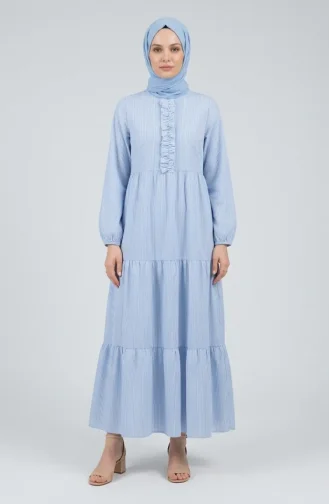 Gestreepte Poplin Hijabjurk Met Ruches 2190-03 Blauw 2190-03