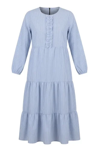 Gestreepte Poplin Hijabjurk Met Ruches 2190-03 Blauw 2190-03