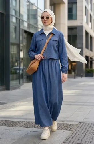 Ensemble Deux Pièces Zippé Aspect Denim 0254-05 Bleu Denim 0254-05