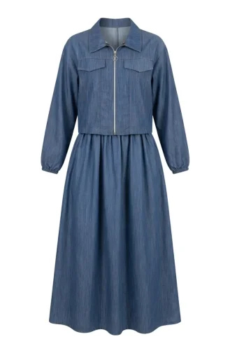 Ensemble Deux Pièces Zippé Aspect Denim 0254-05 Bleu Denim 0254-05