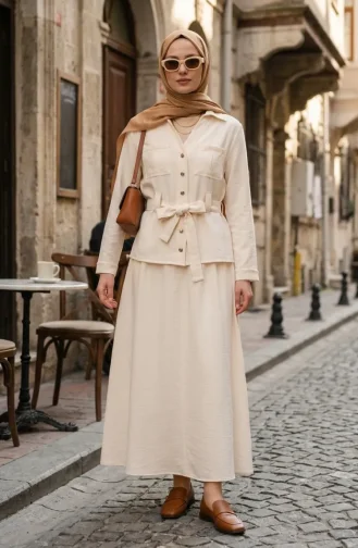 Linen Fabric Jacket And Skirt Two-Piece Set 0256-02 Cream 0256-02