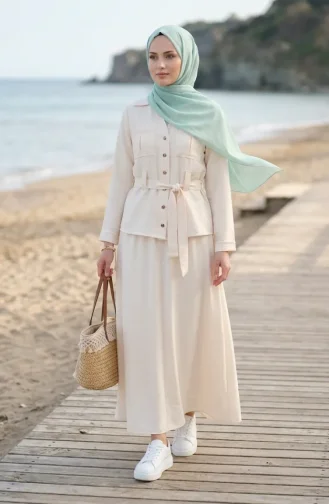 Linen Fabric Jacket And Skirt Two-Piece Set 0256-02 Cream 0256-02