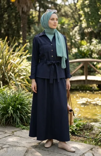 Linen Fabric Skirt And Jacket Two-Piece Set 0256-05 Navy Blue 0256-05