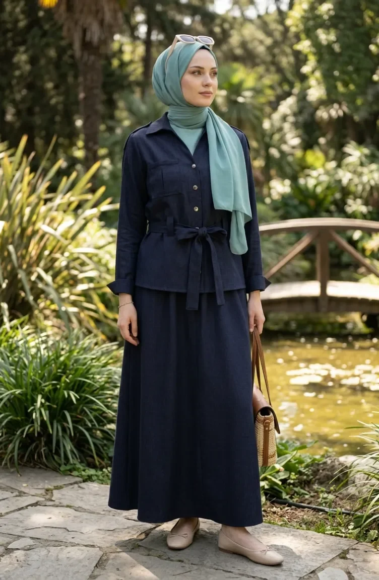 Linen Fabric Skirt And Jacket Two-Piece Set 0256-05 Navy Blue 0256-05