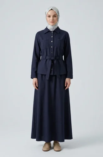 Linen Fabric Skirt And Jacket Two-Piece Set 0256-05 Navy Blue 0256-05