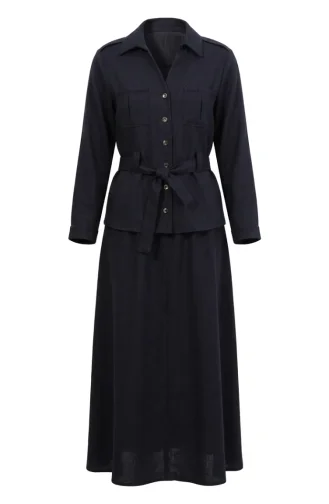 Linen Fabric Skirt And Jacket Two-Piece Set 0256-05 Navy Blue 0256-05