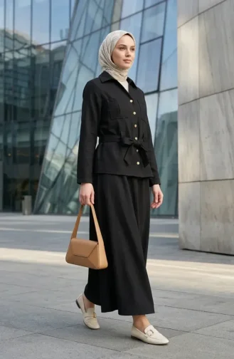 Linen Fabric Skirt And Jacket Two-Piece Set 0256-07 Black 0256-07