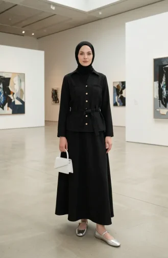 Linen Fabric Skirt And Jacket Two-Piece Set 0256-07 Black 0256-07