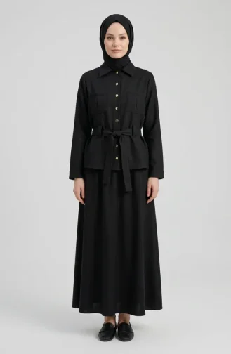 Linen Fabric Skirt And Jacket Two-Piece Set 0256-07 Black 0256-07