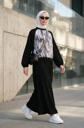 Geometric Patterned Tunic And Skirt Two-Piece Set 0257-01 Black 0257-01